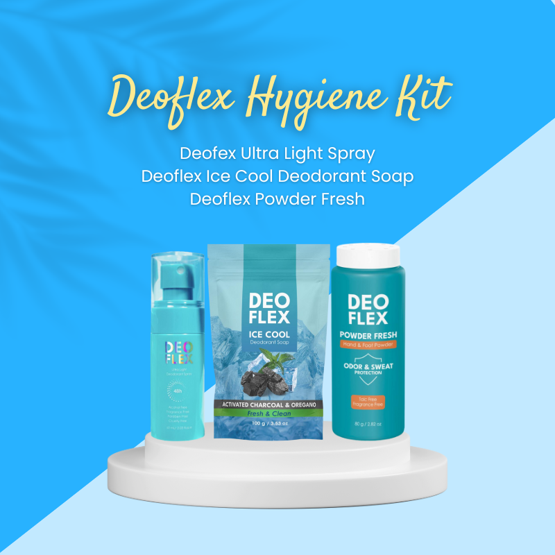 Deoflex Hygiene Kit with three products on a blue background
