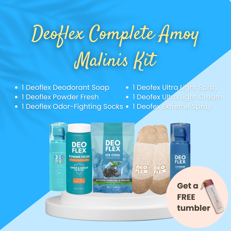Deoflex Complete Amoy Malinis Kit with various products on a blue background