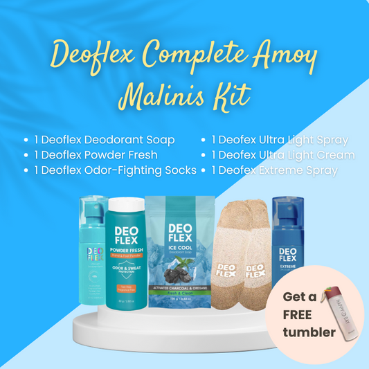 Deoflex Complete Amoy Malinis Kit with various products on a blue background