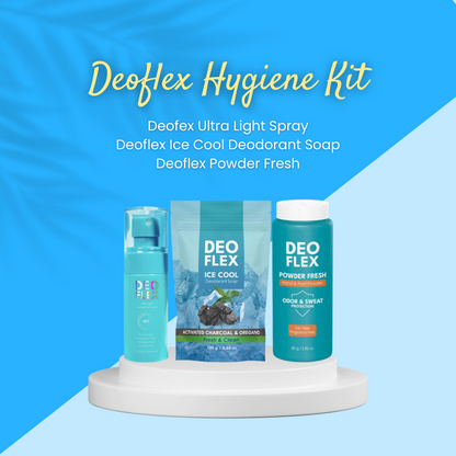 Deoflex Hygiene Kit with three products on a blue background